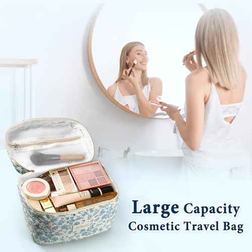 Cute Makeup Bag for Women(2 Pcs), Travel Cosmetic Bags, Quilted Coquette Aesthetic Floral Toiletry Organizer Bag (46 - Sky Blue/4Pcs)