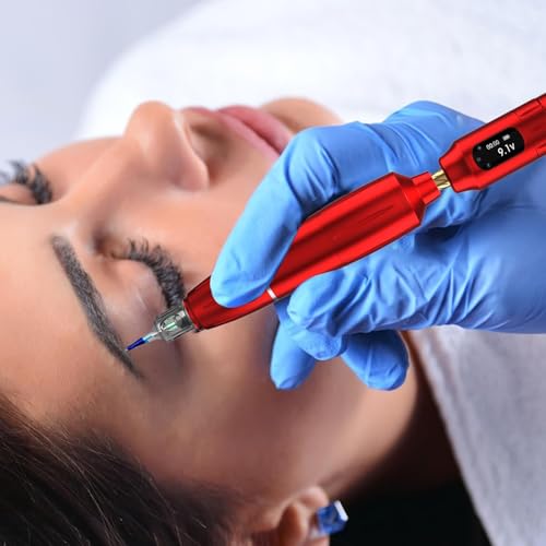 Eyebrow Microblading Tattoo Gun Kit - Professional Tattoo Pen & Brow Pencil Set for Microblading Supply, Semi-Permanent Makeup Tattoo Machine with 50Pcs Needles for Artists Starter (Red, TP39)