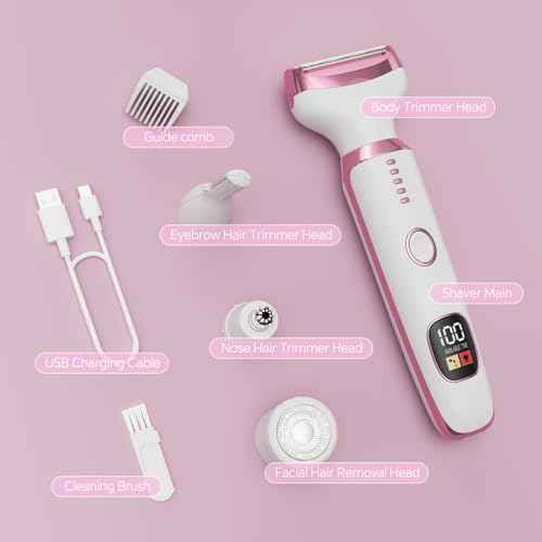Electric Razor for Women, 4-in-1 Bikini Trimmer & Body Shaver for Nose Hair Face Eyebrow Arms Legs Armpit Underarm Pubic Area, Rechargeable Wet/Dry Painless Hair Removal