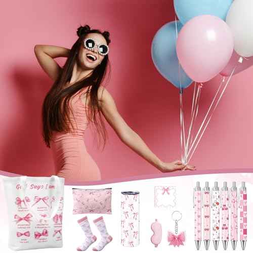 Sieral 14 Pcs Christmas Coquette Pink Bow Gift Set for Santa Women Include Pink Bow Tote Bag 20oz Stainless Steel Cup Socks Gel Ink Pens Sticky Keychain Eye Mask for Gifts