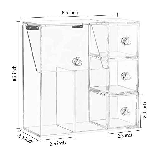 HBlife Makeup Brush Holder, Acrylic Makeup Organizer with 2 Brush Holders and 3 Drawers Dustproof Box, Free Pink Pearl Included