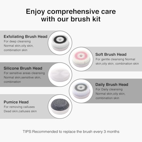 Face Scrubber Exfoliator, Rechargeable Facial Cleansing Brush with 5 Brush Heads, Deep Cleaning for All Skin Types, Black