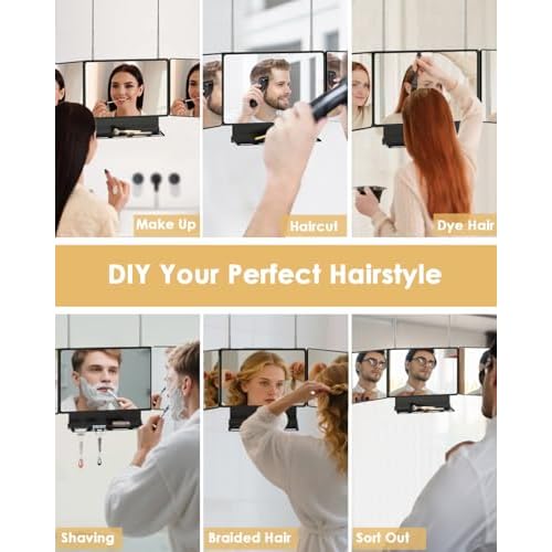 Dripex 3 Way Mirror with Storage Shelf, Trifold Self Haircut 360¡Æ Barber Mirror with Height Adjustable Hooks for Makeup, Styling, Shaving, Braiding, Dye Hair