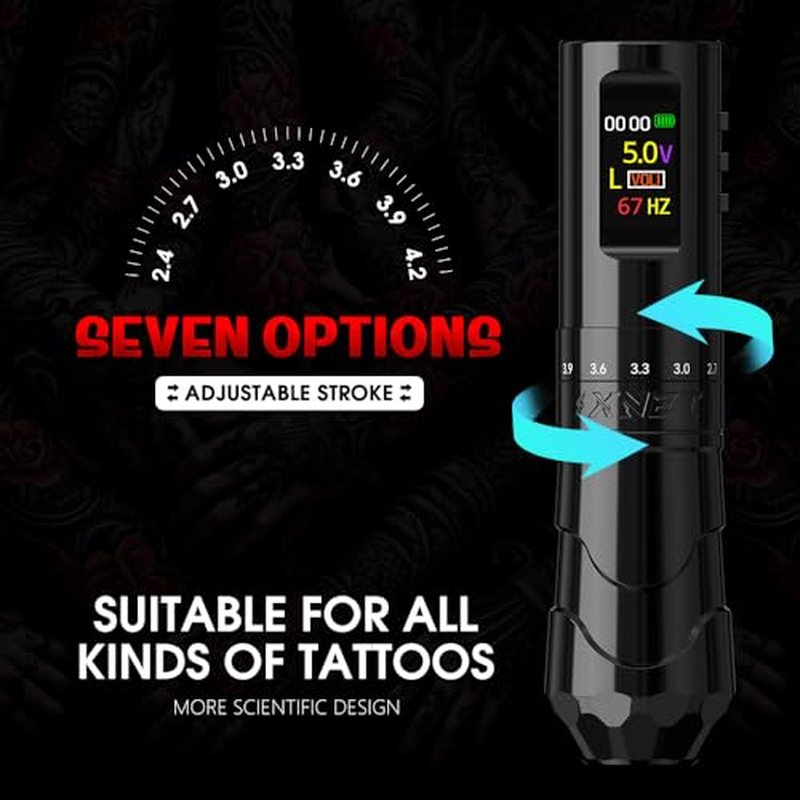 Tattoo Gun Kit, Xnet Void Cordless Tattoo Machine, Rotary Pen Machine 7 Adjustable Strokes with 1800mAh Dual Battery, 20pcs X-ray Mixed Sizes Cartridge Needles for Tattoo Artists