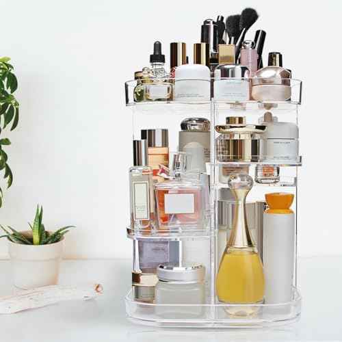 360-Degree Makeup Organizer, DIY Adjustable Rotating Cosmetic Storage Carousel Spinning Holder Storage Rack with 5 Layers Large Capacity, Best for Countertop, Square