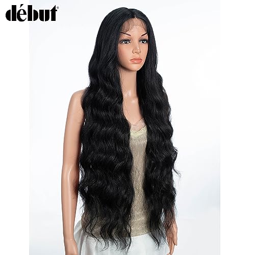 D?BUT 13x4 T Part Lace Front Body Wave Synthetic Wig Extra Long Wavy Middle Part Wigs Pre Plucked Hairline with Baby Hair 36 Inches 1B Color