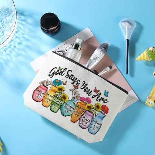 Christian Gifts Floral Makeup Bag Bible Verse Cosmetic Bag Motivational Religious Gifts for Women Girls Coworker Mom Her Friend Zipper Pouch Travel Organizer Toiletry Bag Vacation Christmas Birthday