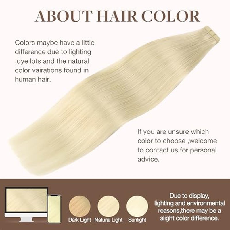 GOO GOO Tape in Hair Extensions Human Hair, 60A Platinum Blonde, 24inch 50g 20pcs, Skin Weft Seamless Invisible, Silky Straight with Thick Ends, Remy Human Hair