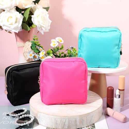 Hushee 4 Pcs Nylon Makeup Bag Preppy Zipper Pouch Waterproof Nylon Toiletry Storage Bag for Women(Mini,Black, Fuchsia, Mint, Grape)