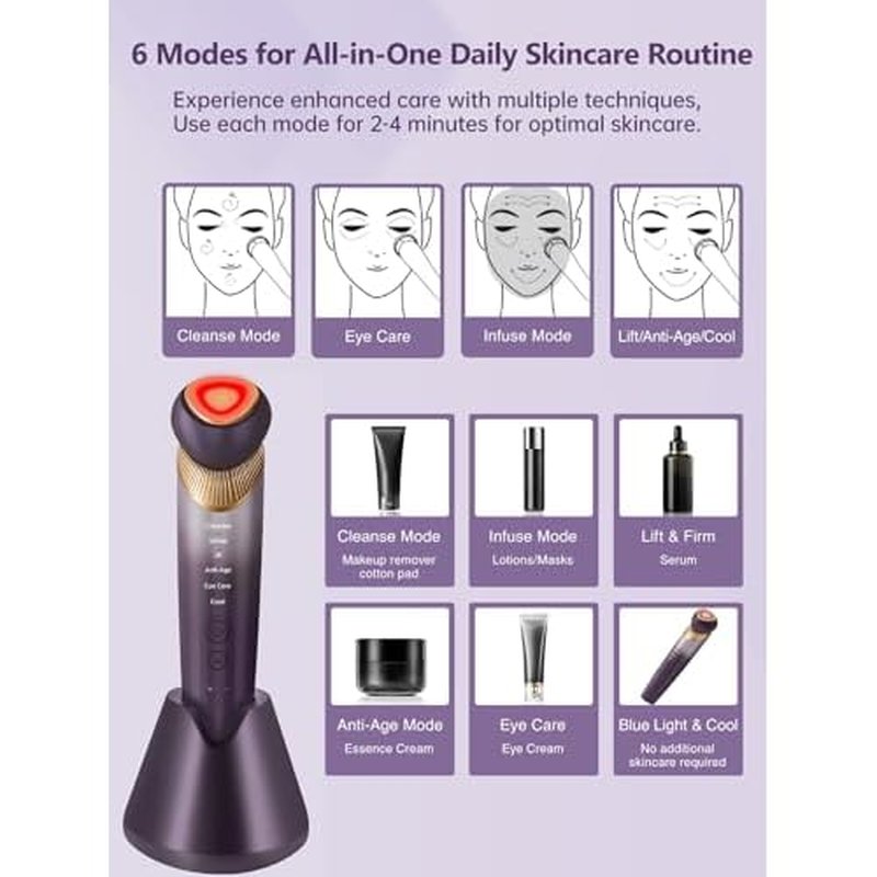 6-in-1 Age-Defying - Eye, Face & Neck Lift & Firm, 5-Color Light Therapy for Face with Microcurrent, Vibration, Heat & Cooling, Skin Care Tool for Youthful & Tightening Skin (Purple)