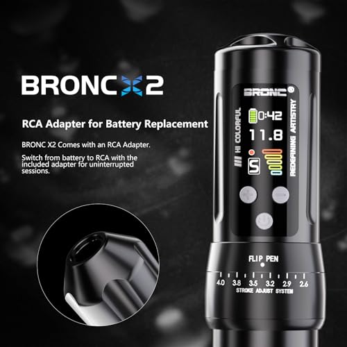 BRONC X2 Wireless Tattoo Pen Machine 2,000mAh Battery - 6 Adjustable Strokes, Rotary Cartridge Tattoo Machine Gun with Replacement Power Supply - for Tattoo Artists (Black)