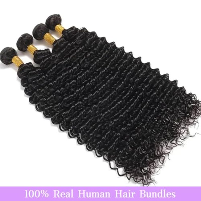 Deep Wave Human Hair Bundles 18 20 22 Inch Deep Wave Bundles 100% Unprocessed Brazilian Virgin Hair 3 Bundles Curly Bundles Hair Extensions Real Human Hair Wavy Quick Weave Bundles Natural Black