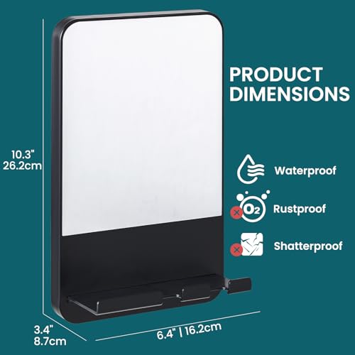 TAILI Shower Mirror Fogless Suction, Shaving Mirror with Razor Holder, Fog Free with Storage Tray, Rust-Proof, Shatterproof, Removable, Bathroom & Shower Accessories, Black