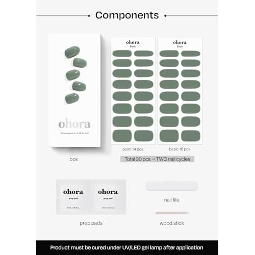 ohora Semi Cured Gel Nail Strips (N Cream Leaf) - Green, Solid, Works with Any UV/LED Lamps, Salon-Quality, Long Lasting, Easy to Apply & Remove - Includes 2 Prep Pads, Nail File & Wooden Stick