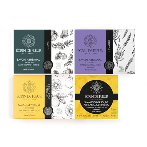 Handmade Organic Soap 4-pack (Cedar 3.2 oz, Lavender 3.2 oz, Lemon & Calendula Flowers 3.2 oz, Shampoo - Ylang Ylang 1.9 oz)