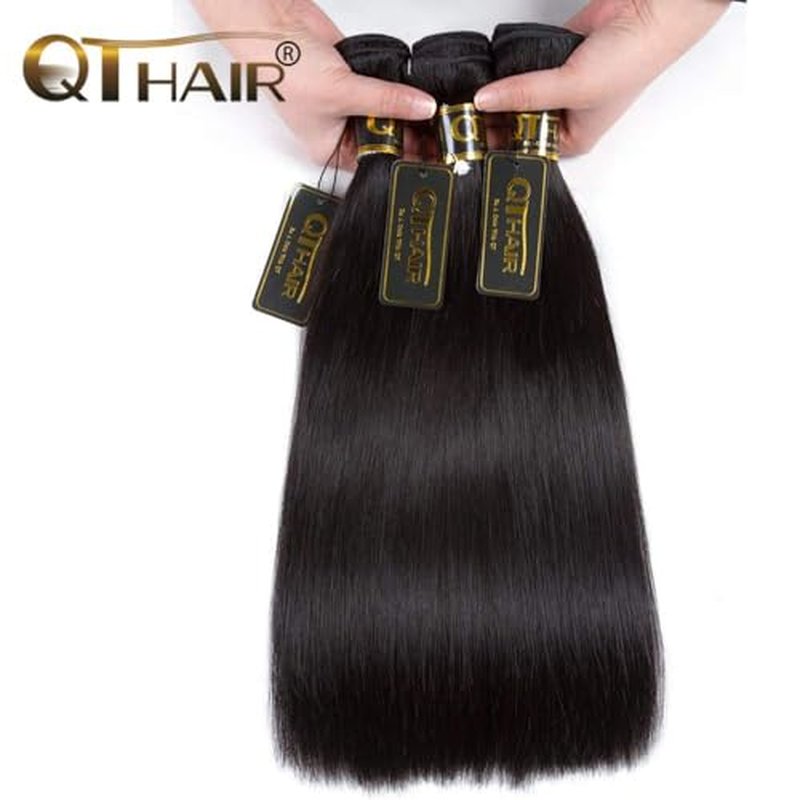 QTHAIR 16A Brazilian Virgin Straight Human Hair with Lace Closure (14/16/18+12 Inch, Natural Black) 100% Unprocessed Straight Brazilian Virgin Hair Weave with 4x4 Swiss Lace Closure