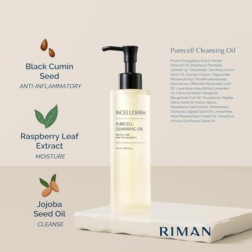 Riman Incellderm Purecell Cleansing Oil | 4.9 fl oz | Gentle Makeup Remover and Hydrating Cleanser | Suitable for Various Skin Types | Lightweight, Plant-Based Formula
