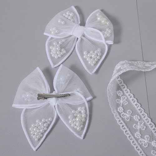 White Pearl Fable Hair Bow Clips for Flower Girls Wedding 4" Mesh Tulle Ribbon Shaker Bow Alligator Hairpins Toddlers Kids Pageant 1st Communion Party Dress Decor Accessory Gift