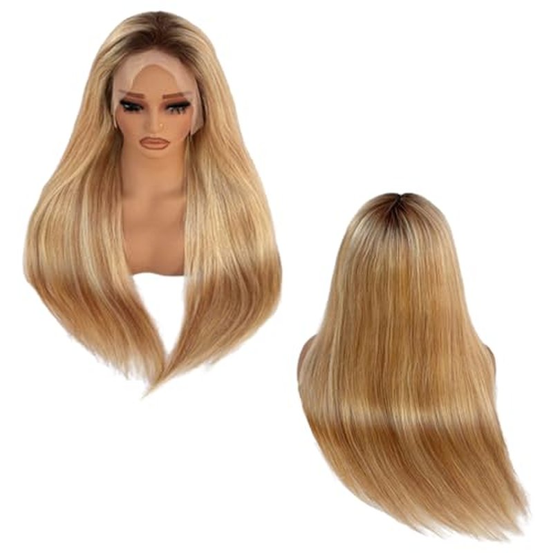 13x6 Medium brown/Golden Brown to Bleach Blonde Highlights Straight Lace front Wigs Human Hair 26in for Black Women HD Lace Glueless Pre Plucked 180% Density Brazilian Virgin Human Hair 26inch