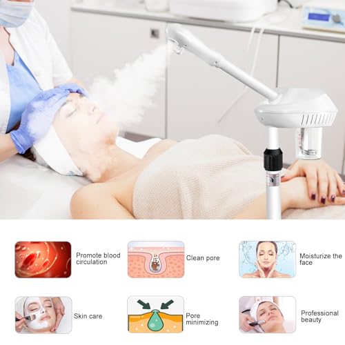 Professional Facial Steamer, Stand Ozone Face Steamer on Wheels, Adjustable Height and Angle,Estheticians Steamer More Steam,Hot Mist Facial Humidifier Atomizer for Spa Beauty, Home Use