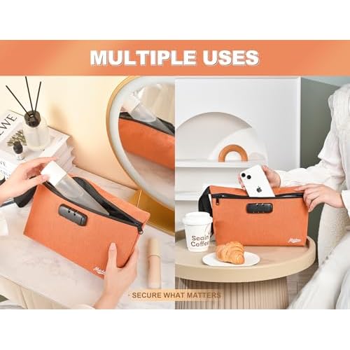 Storage Bag with Combination Lock 12.6"x7.5" Large Storage Container Medicine Lock Bag Travel Cosmetic Certificates Organizer Great Christmas Gift Halloween Orange Purse