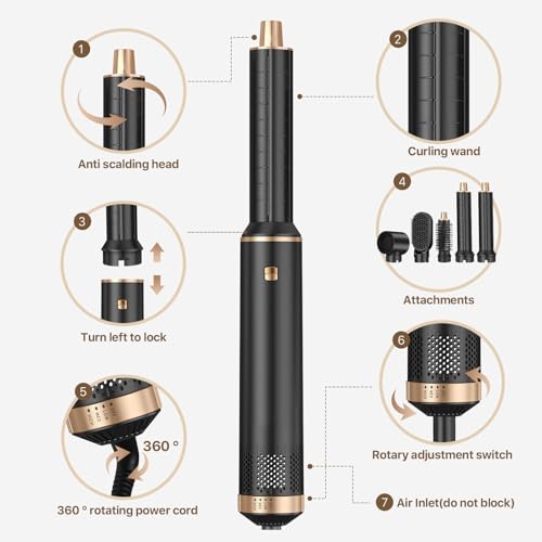 Sendowtek Hot Air Styler Brush Set for Women 5 in 1, 800W 3 Level Temp Hairdryer Comb for Rotating Curling Straightening Volumize Auto Wrap Curler Multi-Styler Hair Styling Tools for Multi Hair Home