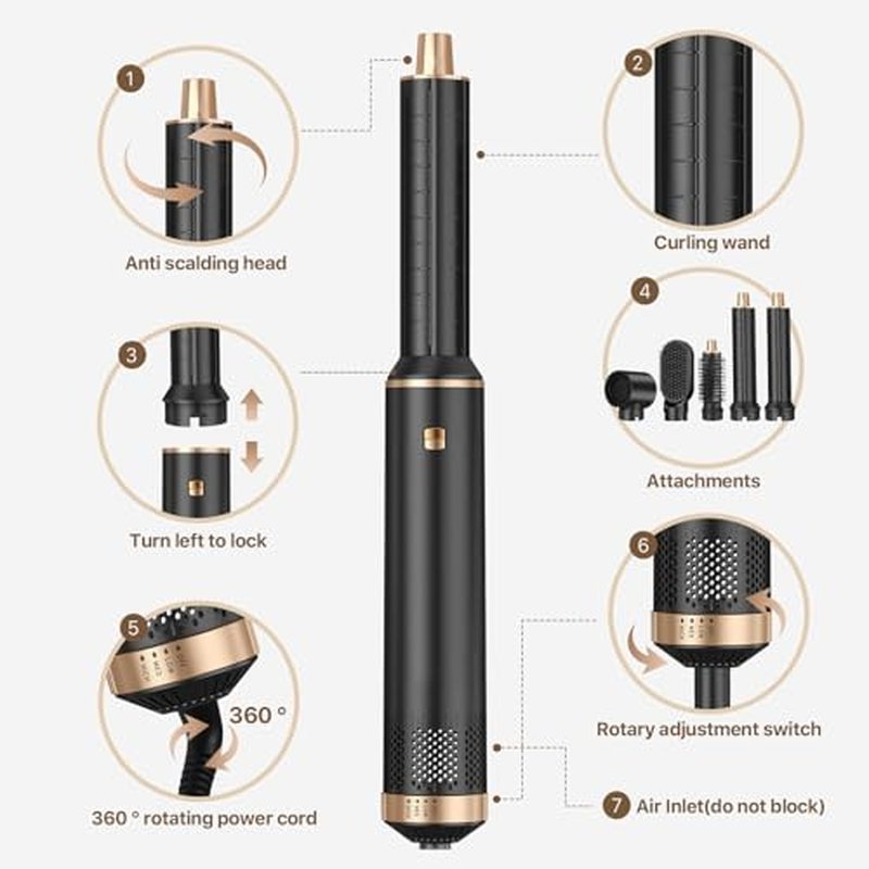 Sendowtek Hot Air Styler Brush Set for Women 5 in 1, 800W 3 Level Temp Hairdryer Comb for Rotating Curling Straightening Volumize Auto Wrap Curler Multi-Styler Hair Styling Tools for Multi Hair Home