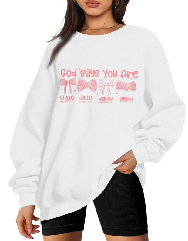 Christian Sweatshirts Women God Says You Are Shirt Cute Pink Bow Shirts Long Sleeve Blessed Saying Tops