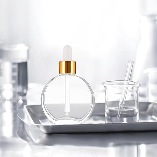 6Pcs, 2 oz Glass Dropper Bottles for Essential Oils,60ml flat round perfume bottle with Eye Droppers,for Essential Oils,Perfumes, Serums - Leakproof for Travel (Clear)