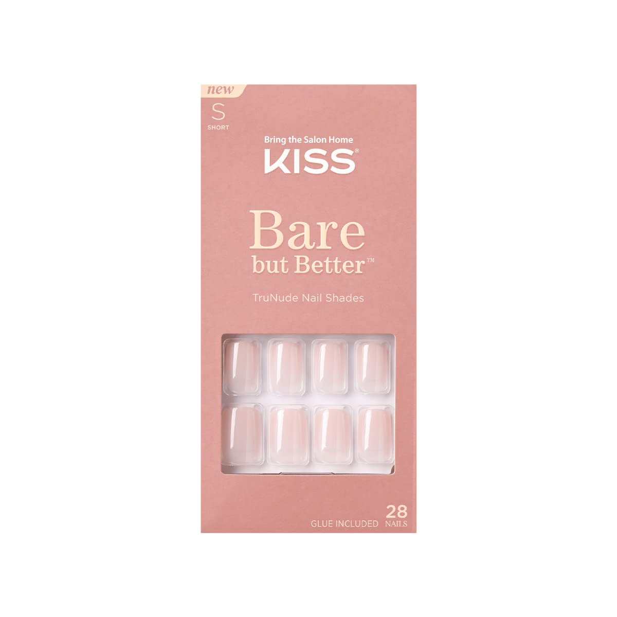 KISS Bare but Better Press On Nails, Glossy Pink, Short Length, Square Shape, 28 Fake Nails, Pink Gel Nail Glue Net Wt. 2g (0.07 Oz.), Mini Nail File, & Manicure Stick