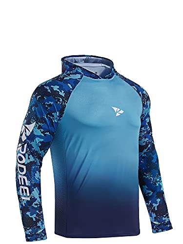 Rodeel Men's UPF 50+ Performance Fishing Hoodie, Long Sleeve Sun Protection Quick-Dry Breathable Athletic Tee