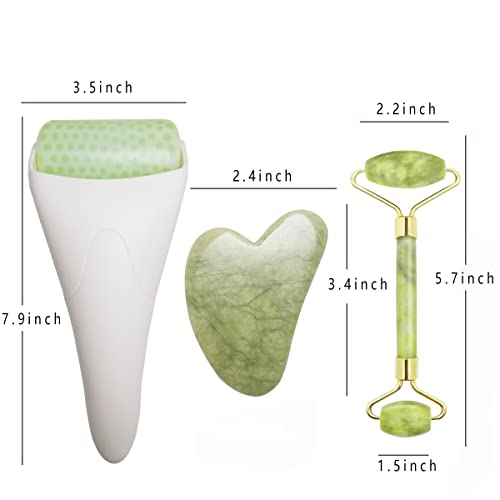 3 in 1 Ficial Face Ice Jade Roller and Gua Sha Tool, Natural Real Jade Anti-Wrinkle Face Eye Neck Massager Tool, Reduce Wrinkles, Puffiness, Migraine, Redness, Pain and Injury