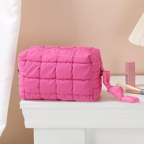 Soft Puffy Makeup Bag Aesthetic Quilted Puffer Pouch Glossier Square Cosmetic Bag for Women Girls (Pink)