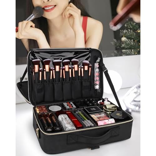 Relavel Makeup Case Large Makeup Bag Professional Train Case 16.5 inches Travel Cosmetic Organizer Brush Holder Waterproof Makeup Artist Storage Box, Large Capacity (Leather Black)