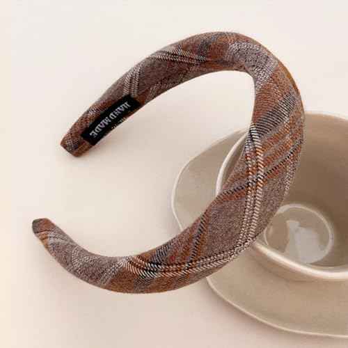 Handmade Tartan Headbands Christmas Plaid Headband for Women French Hairbands Brown Hairband Christmas Headwear for Styling Comfortable Padded Hair Hoops Grid Headbands Checked Hair Accessories 1Pcs