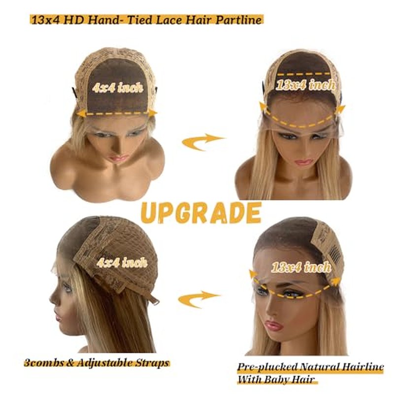 Highlight Colored Lace Front Human Hair Wigs 20Inch Ombre Ash Brown to Blonde Brazilian 150% Density Glueless Highlights 13x4 Transparent Lace Front Wigs Human Hair Pre Plucked for Women(#8/18/60)