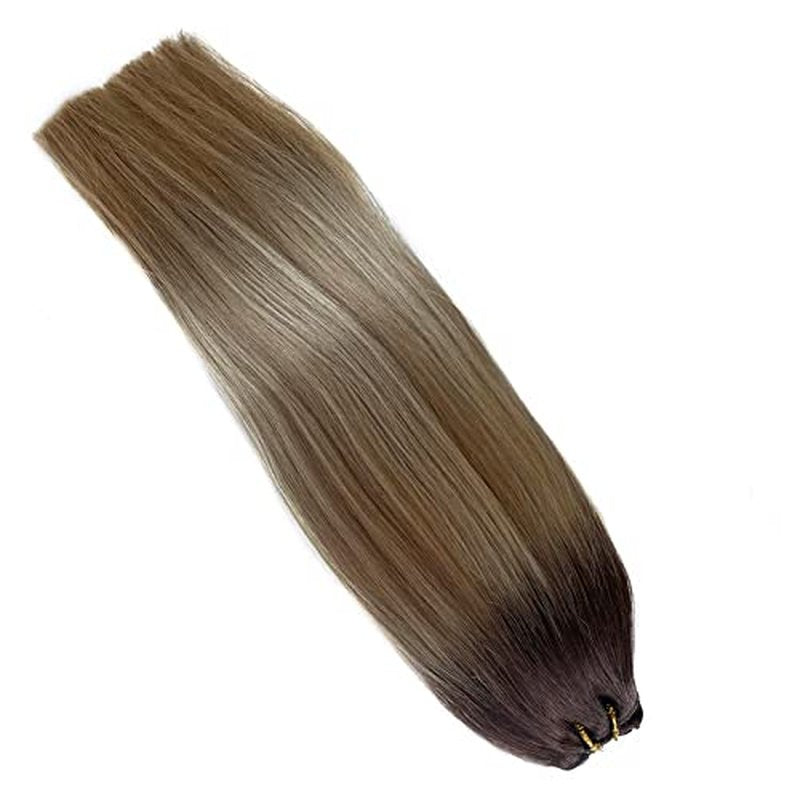 Sew in Hair Extensions Human Hair Double Weft Balayage Brown to Blonde Highlights Natural Hair Weave Bundles for White Women Silky Straight Remy Hair Extensions Sew in Hair Weft 24 Inch 120G