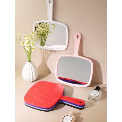 Hand Mirror Salon Barber Hairdressing Handheld Mirror with Handle (Square Pink 7.4 x 10.3 inches)