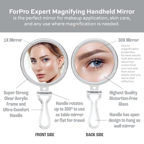 ForPro Professional Collection Expert 30X Magnifying Handheld Mirror, Double-Sided Hand Mirror with Folding Adjustable Handle for Makeup, Travel, Clear
