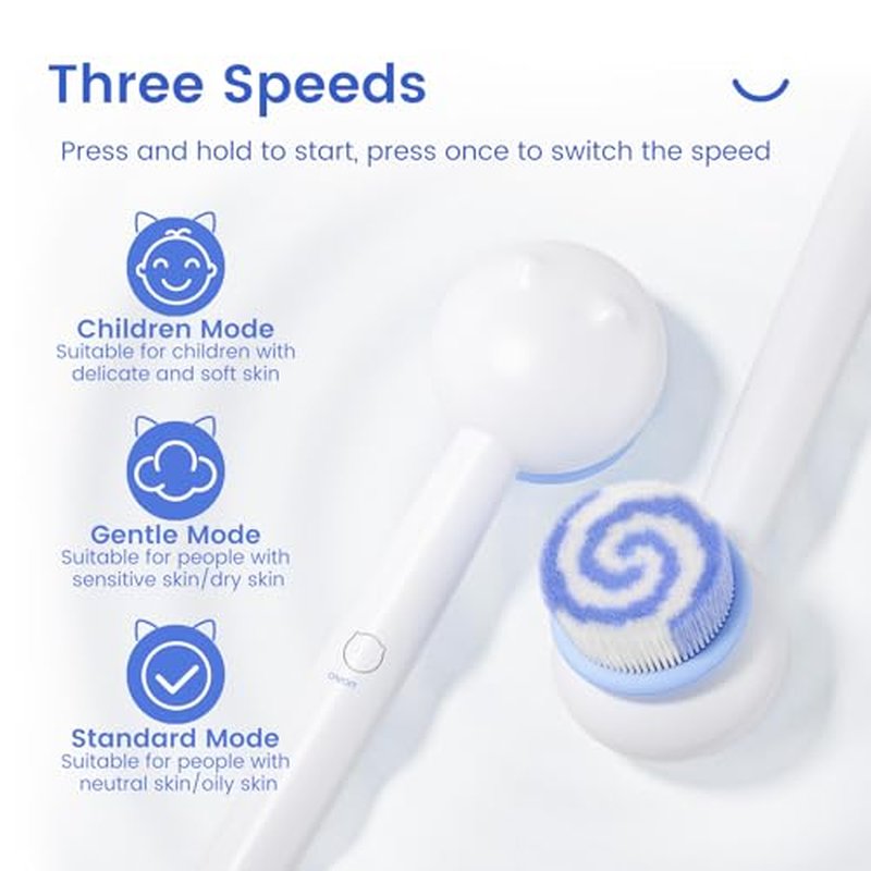 Electric Back Scrubber for Shower Body Brush, Waterproof Shower Body Scrubber for Cleansing, Massaging, Rechargeable Bath Brush for Kids & Adults with 2 Heads & 3 Speed Modes, Milk White XY0