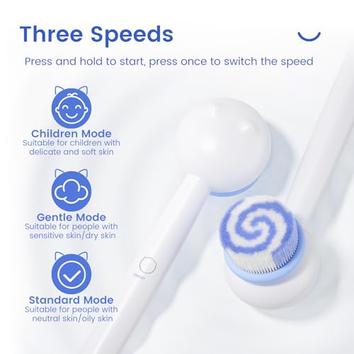 Electric Back Scrubber for Shower Body Brush, Waterproof Shower Body Scrubber for Cleansing, Massaging, Rechargeable Bath Brush for Kids & Adults with 2 Heads & 3 Speed Modes, Milk White XY0