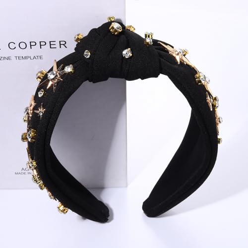 Rhinestone Crystal Jeweled Headband - Wide Top Knot Hairband for Women, Fashion Hair Accessory for Christmas, New Year Party Gift (black Star knot headband A)