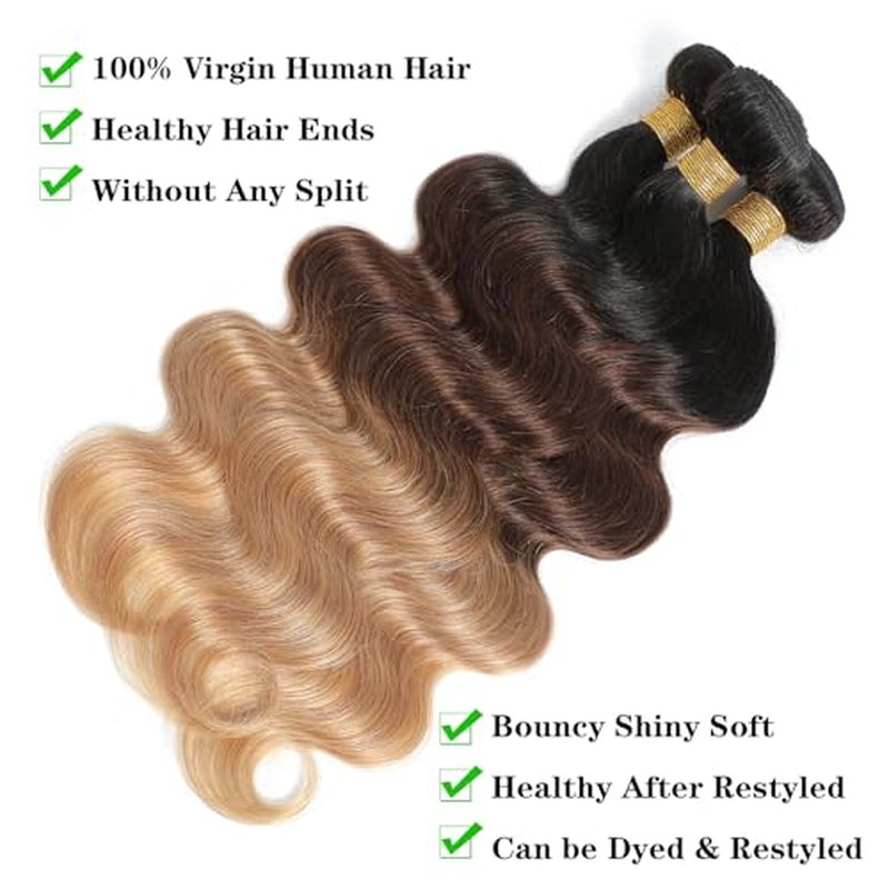 Kapelli Ombre Human Hair Bundles Body Wave (T1B/4/27,18" 20" 22") 10A 100% Brazilian Virgin Remy Hair Bundles 3 Tone Black to Blonde Human Hair Weave
