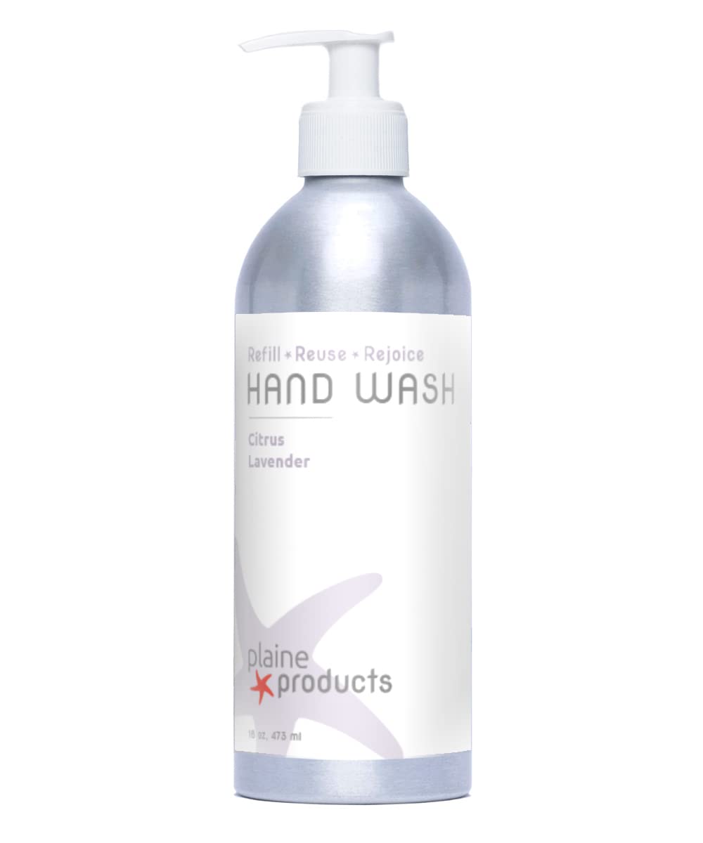Plaine Products Eco-Friendly Liquid Hand Soap - Citrus Lavender - Sensitive Skin, 16 oz (Refillable Aluminum Bottle with Pump)