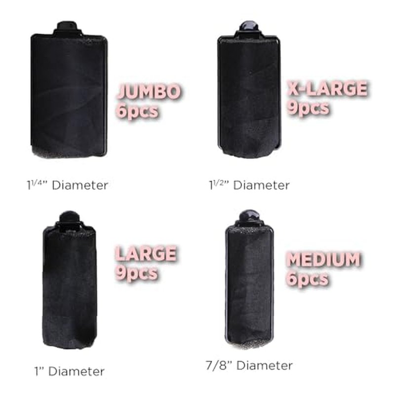 DONNA Silky Satin Foam Rollers 1.25"(D) 6PCS XL Hair Styling Heatless Curlers and Clips for Hairdressing BLACK