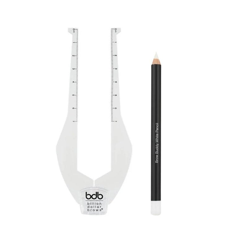 Billion Dollar Brows Brow Buddy Kit - Patented Symmetrical Eyebrow Shaping Tool and Contouring Stencil - Professional Brow Mapping Set with White Pencil for Tweezing, Waxing and Threading - 2 Pieces