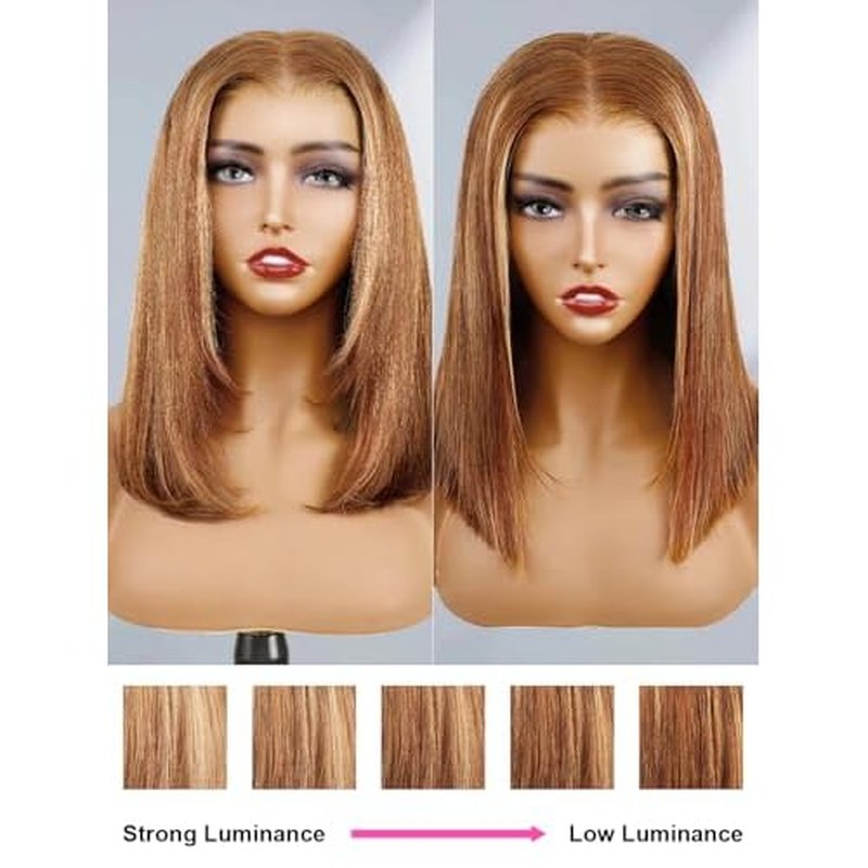 ORIGINAL QUEEN OQ Hair Glueless Wigs Human Hair 5x7 Bob Straight Wigs for Women Highlight Blonde Wear and Go Short Bob Wigs Pre Plucked Pre Cut Pre Bleached 4/27 Color 12Inch