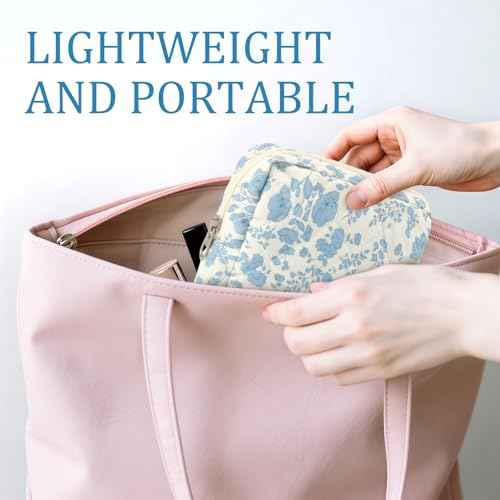 ZLFSRQ Small Quilted Makeup Bag for Purse Mini Flower Quilted Pouch Cute Cotton Makeup Bag with Compartments Aesthetic Cosmetic Bags for Women Coquette Zipper Lipstick Pouch Travel Essentials