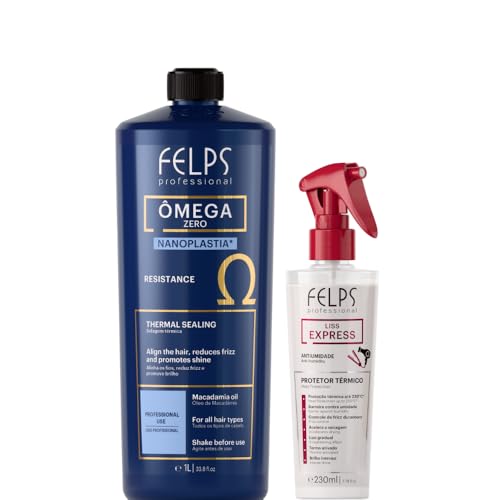 Kit Felps Professional Omega Zero Hair Treatment Kit, Nanoplastia Thermal Sealing 33.8oz + Liss Express Heat Protector 7.78oz