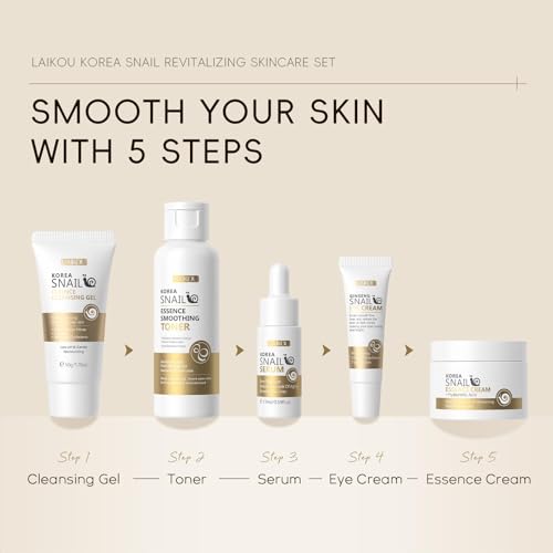 LAIKOU Korean Skin Care, Skin care set, Skin Care Kit Snail and Ginseng with Cleansing Gel, Toner, Eye Cream, Serum, Essence Cream 5pcs for Women Teen Girls Mom Daughter Mother's Day Birthday